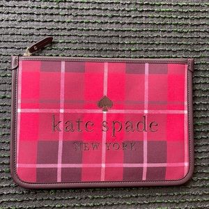Kate Spade Ella Plaid Bright Rose Large Zip Pouch Clutch